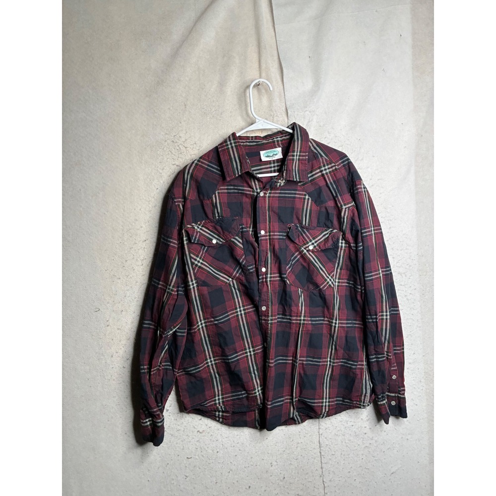 Woodland Creek Mens XL Western Plaid Shirt Maroon Navy 100% Cotton Long Sleeve